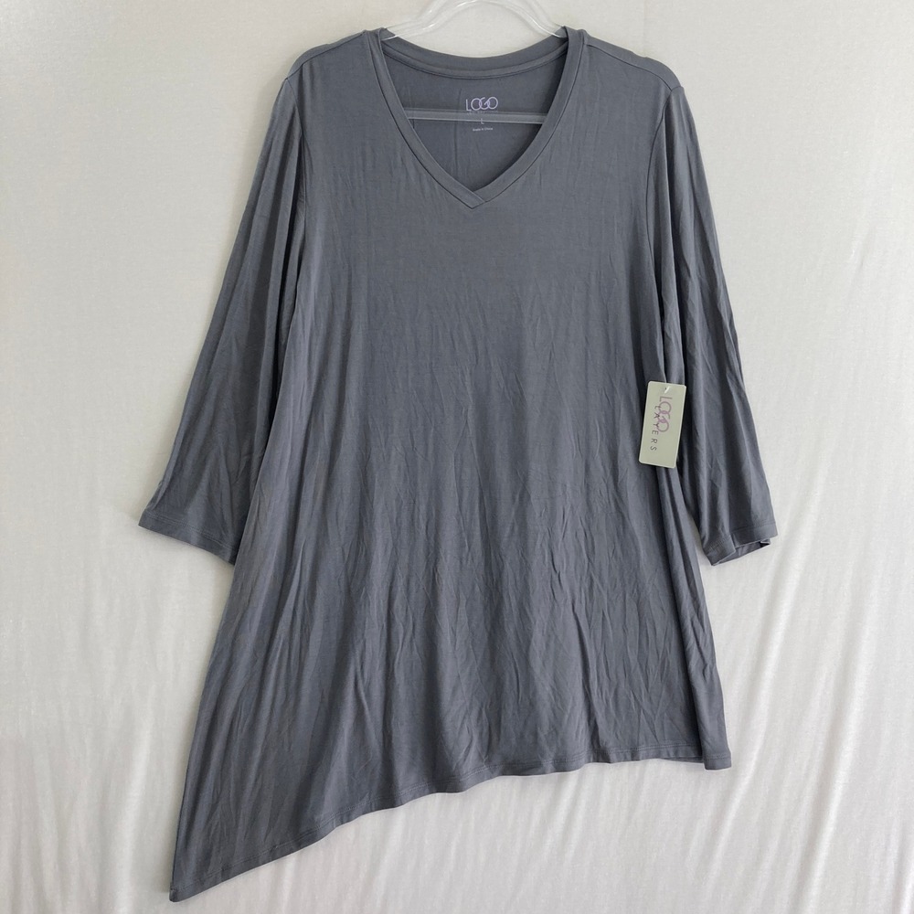 New LOGO‎ Lori Goldstein Tunic Large Gray V-Neck Asymmetrical Hem Stretch Knit